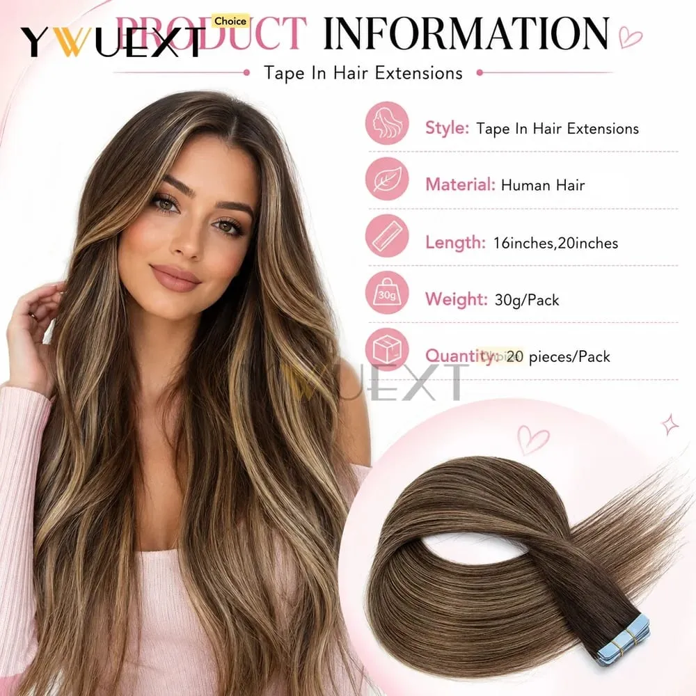 20pcs/Pack Gradient Colors Tape in Human Hair Extensions Add Volume And Length for Women 30g 16-20 inches Salon Quality YWUEXT