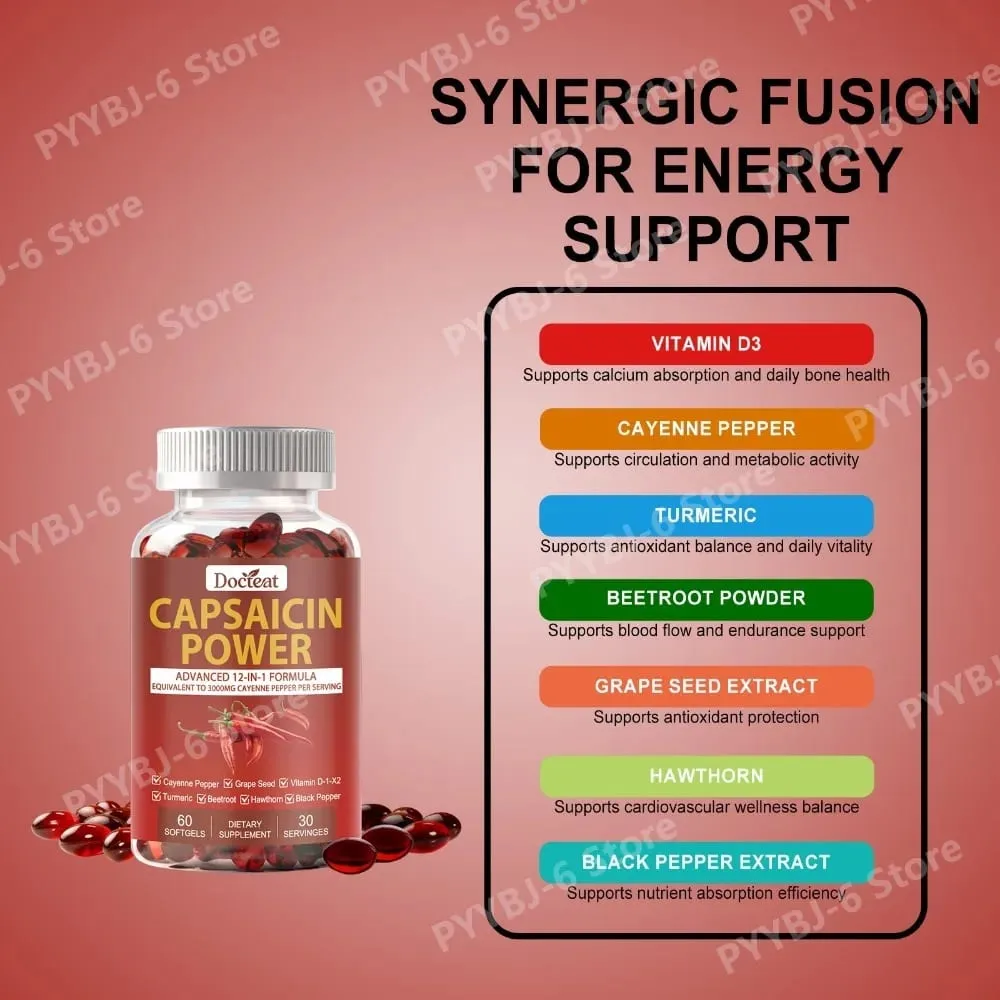 Capsaicin Power 12-in-1 Cayenne Pepper Supplement 60 Softgels Turmeric Beetroot Grape Seed Black Pepper Daily Metabolism Support