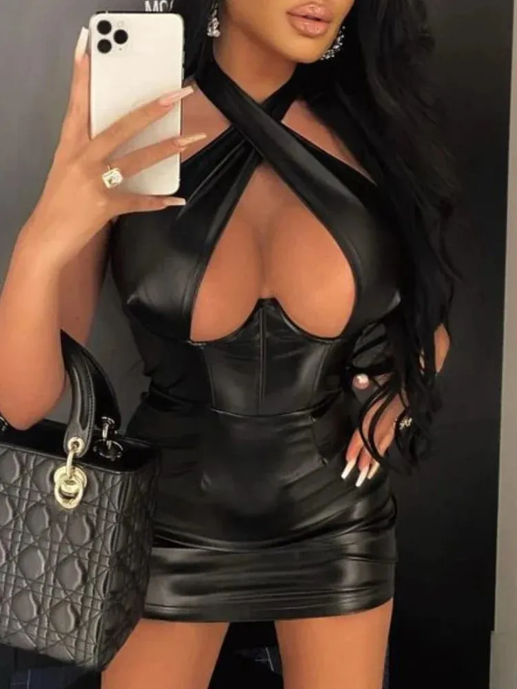 Sexy Off Shoulder Wrap Chest Hollow Out Imitation Leather Bodycon Dress Women Sleeveless Skinny Evening Dress Club Party