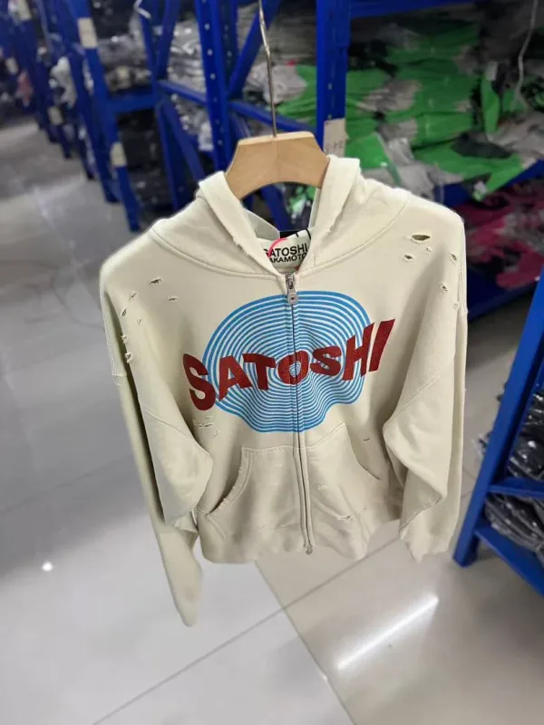 New Arrival Satoshi Zip Hoodie Destroyed Hole Design Loose Cotton Casual Outdoor Jacket Tops
