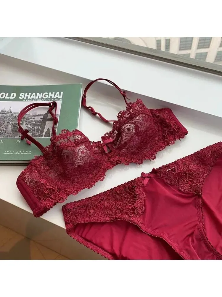 Sexy Lace Bra Set for Women Plus Size Half Cup Sheer Ultra Thin Nipple Concealed Erotic Lingerie Push Up Comfort Underwear Set — image 5