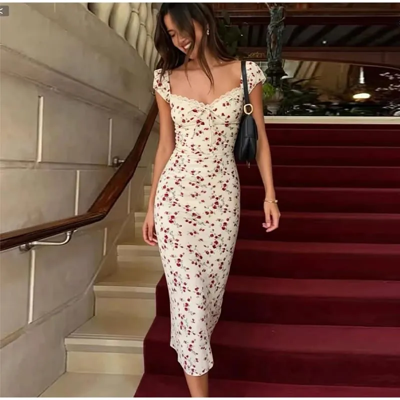 Floral Print Lace Trim Flutter Sleeve Maxi Dress Deep V-Neck High-Low Chiffon 2026 Summer Chic Romantic Women Feminine Gown — image 9