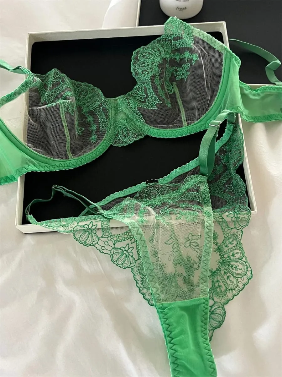 Sexy Lace Push Up Bra Set Transparent Triangle Cup & Romantic Green Lace Underwear for Women