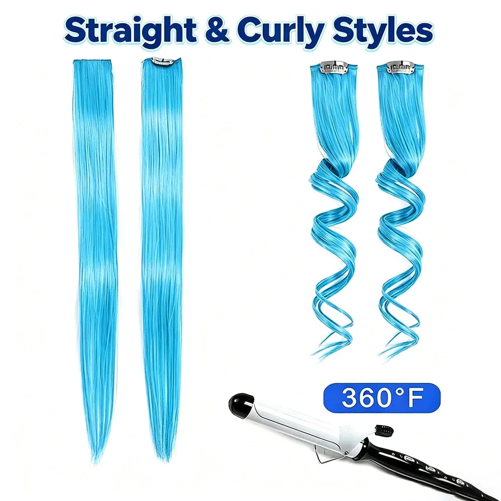 6 Pcs Synthetic Bright Cyan Clip In Hair Extensions Straight Colored Highlight Hair Streaks Heat Resistant Synthetic Fiber — image 6