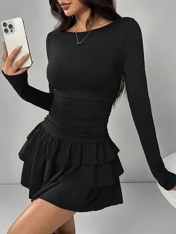Autumn Winter Solid Color Slim Fit Cascading Ruffles Mini Dress Women Elegant Flare Sleeve High Waist Sexy Party Bodycon Dresses — image 8