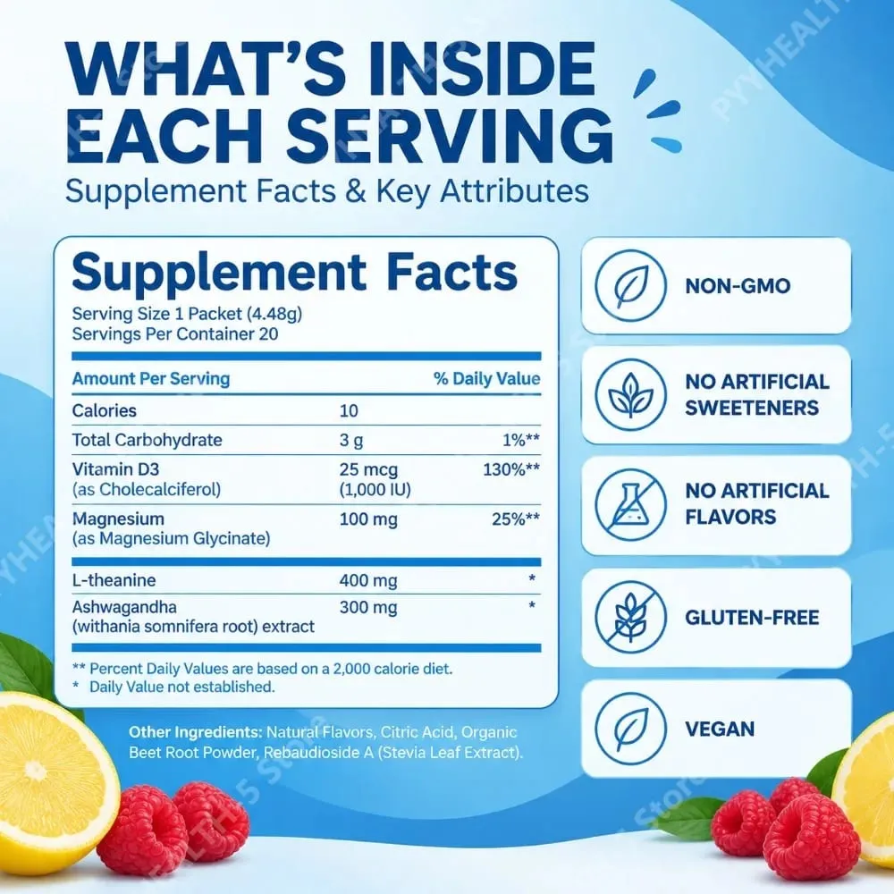 Powdered Drink Mix Cortisol Reducer and Sleep Aid Supplement L Theanine Magnesium Glycinate Vitamin D 3 No Sugar Non GMO 20 Ct