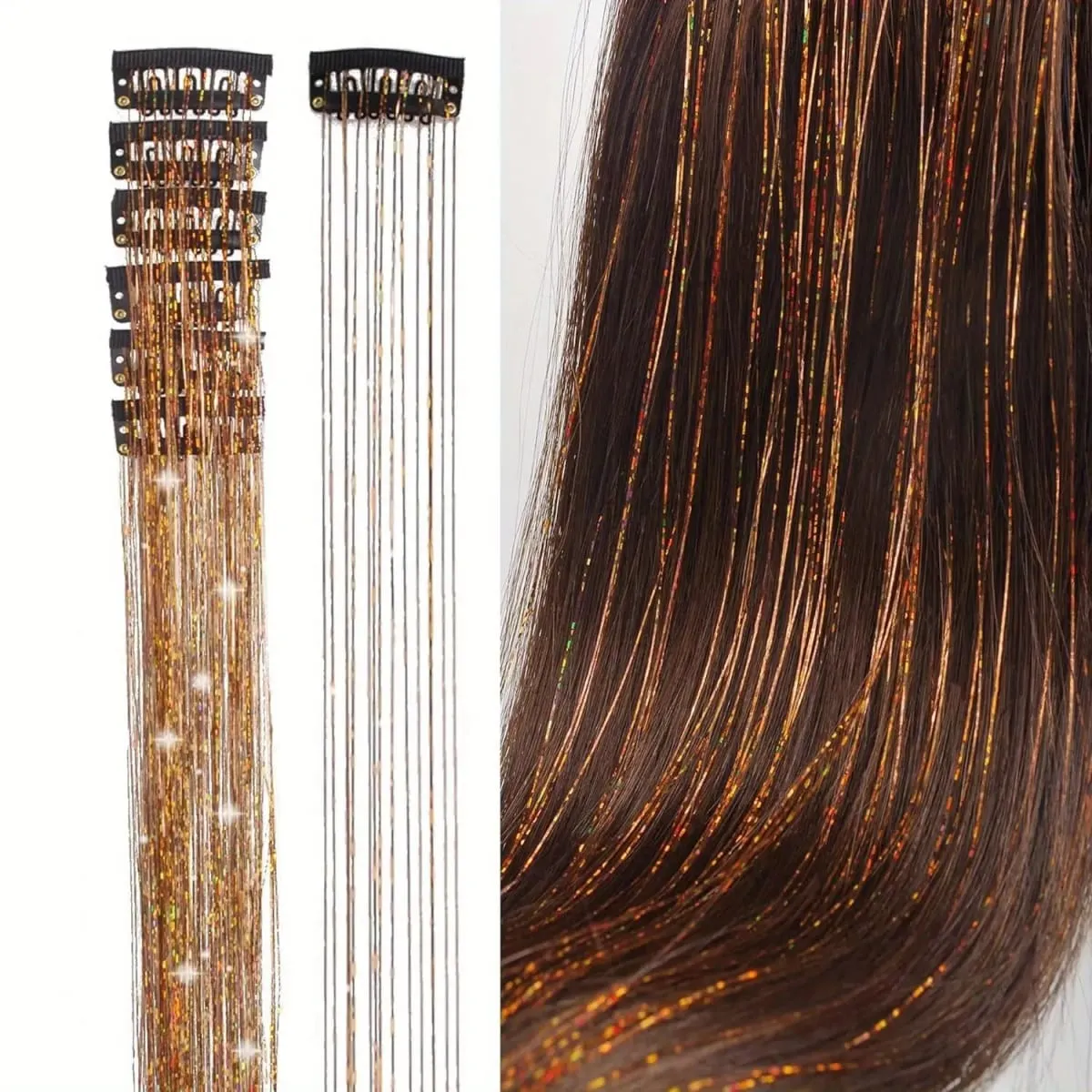 6Pcs 50cm Sparking Shiny Hair Tinsel Hair Extensions Tinsel Synthetic Hair Clip Extensions Women for Braiding Headdress — image 3