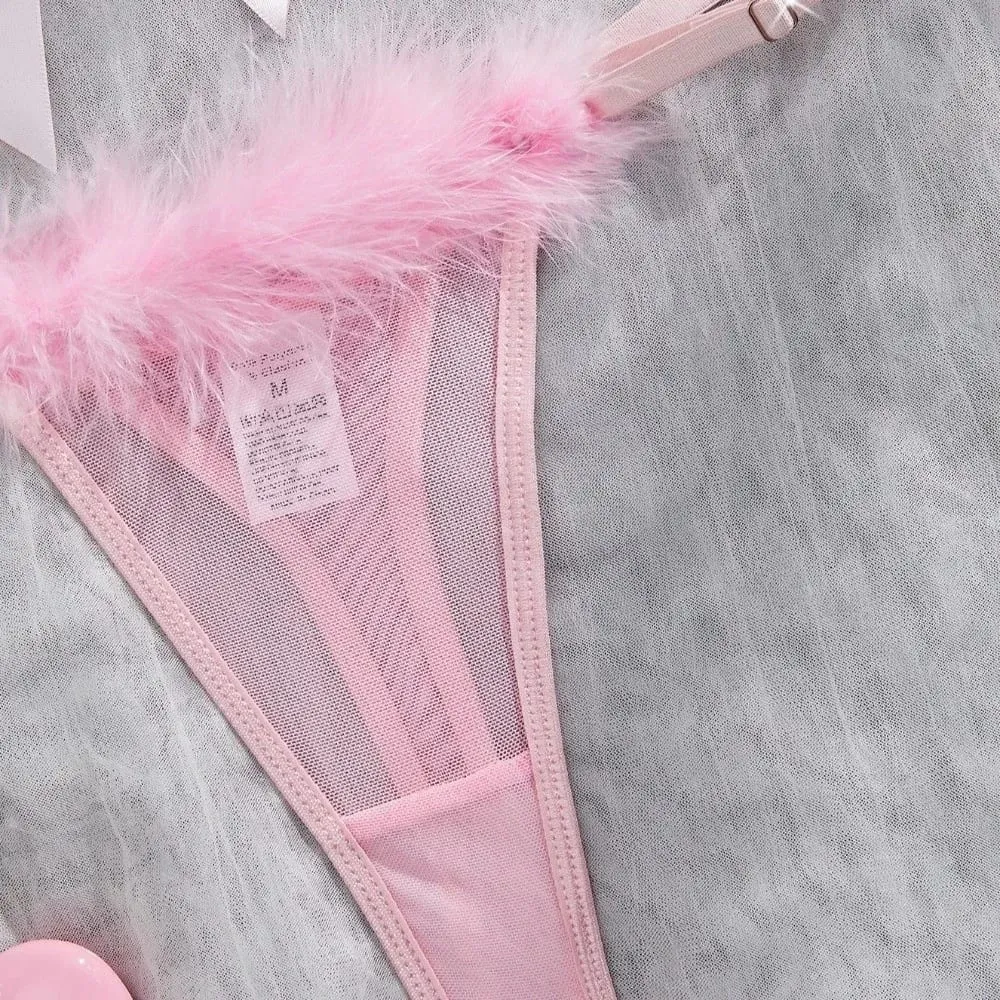Furry Women's Underwear Wireless Bow Decor Lingerie Set Mesh Transparent Romantic Intimate Bra Panties Suit Valentine's Day