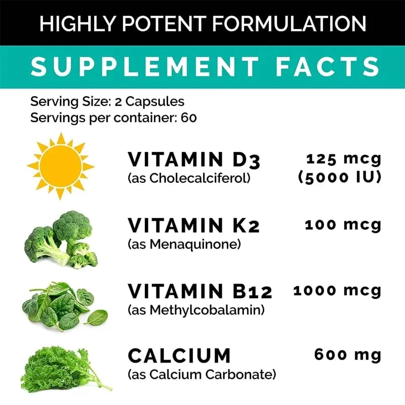 Kalzium 600 mg Vitamin D3 K2 B12 Ergänzung – Bietet Herzknochen- und Immununterstützung für Frauen und Männer — image 4