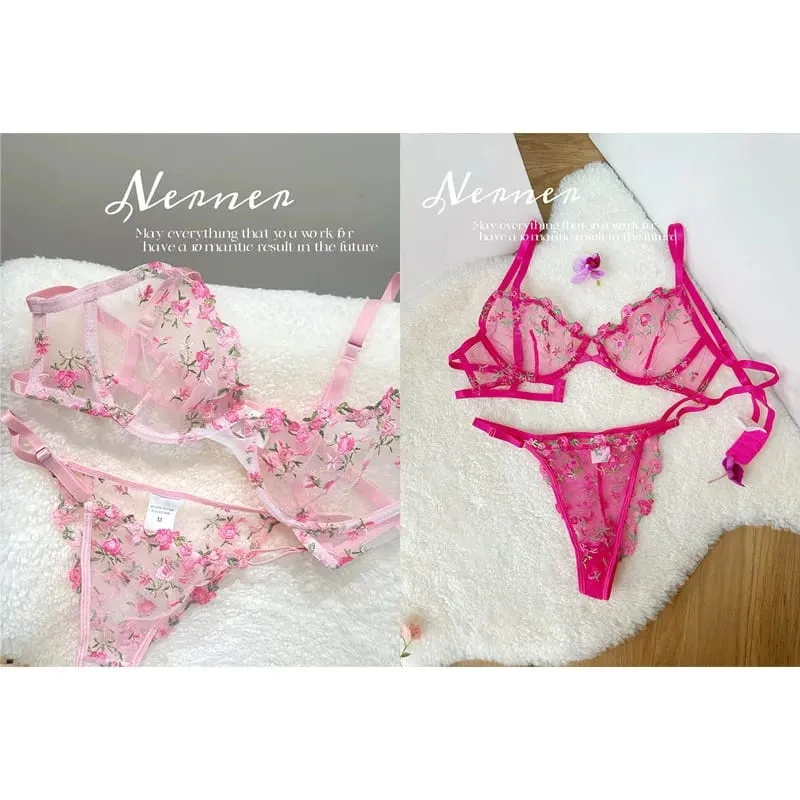Transparent Floral Lace Embroidery Bra Set Summer Thin Minimizer Underwear Soft Breathable Full Bust Female Home Daily Wear S-XL