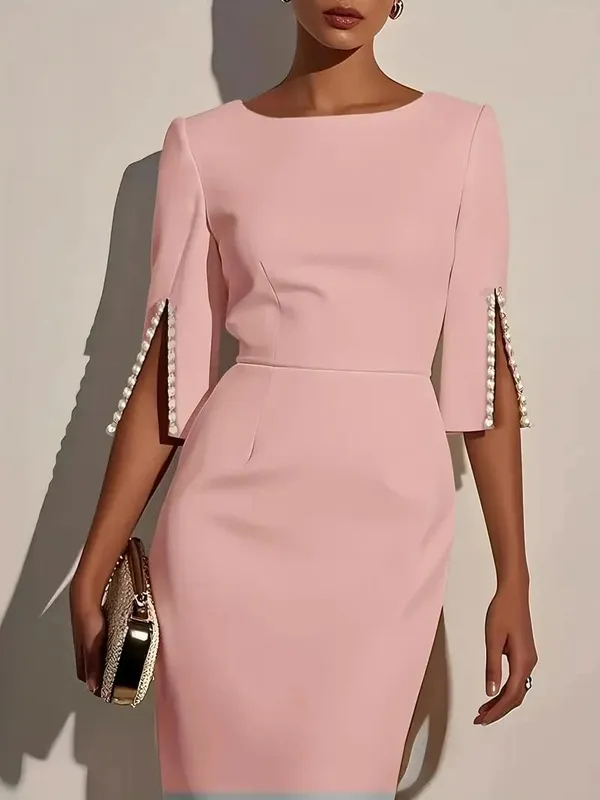 Women's Solid Color Pencil Midi Dress - Pearl Embellished Half Sleeve O-Neck Elegant Office Wear — image 2