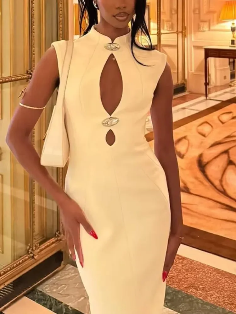 Women Solid Hollow Out Dresses Elegant Round Neck Full Sleeve Waisted Bodycon A-line Vestidos 2026 Lady Daily High Street Gowns