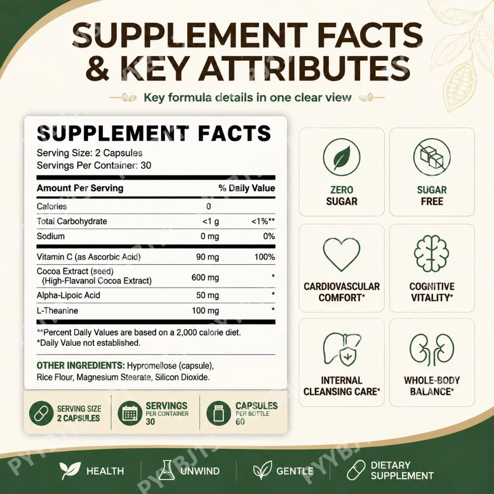 Docteat Cocoa Flavanols Capsules 600mg with Vitamin C L-Theanine & Alpha Lipoic Acid for Daily Wellness Support 60 Capsules — image 3