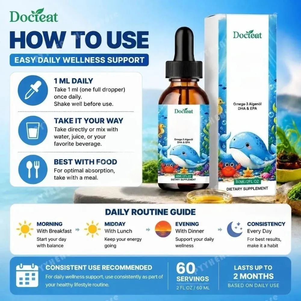 Docteat óleo de algas ômega-3 à base de plantas DHA EPA gotas líquidas para crianças saúde do cérebro vegano não-OGM nutrição diária laranja 60 porções