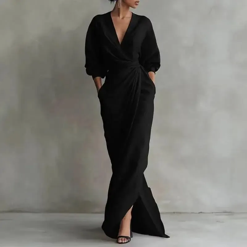 Women's Sexy V Neck Wrap Waist Dresses 2026 Spring Casual Solid Slim Bodycon Hips Elegant Long Sleeve Slit Maxi Dress