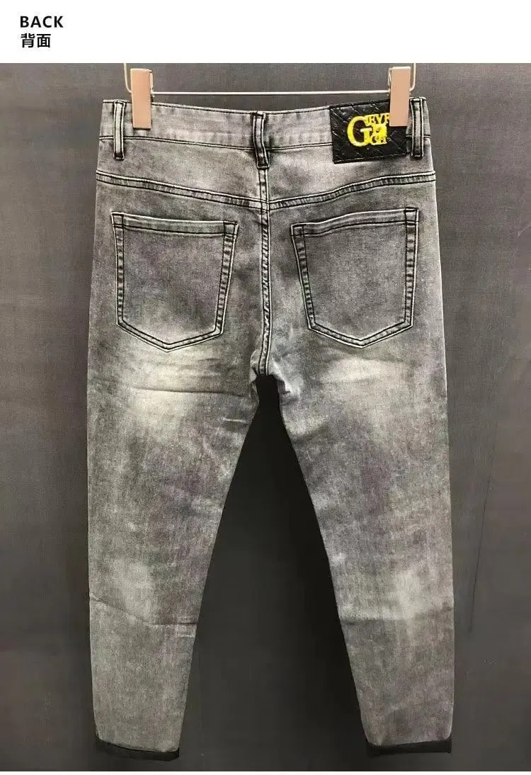 High-end Hot Diamond Jeans Men's Spring and Autumn Tide Brand Slim-fitting Small Feet Tiger Print Gray Casual Men Trousers Man — image 5