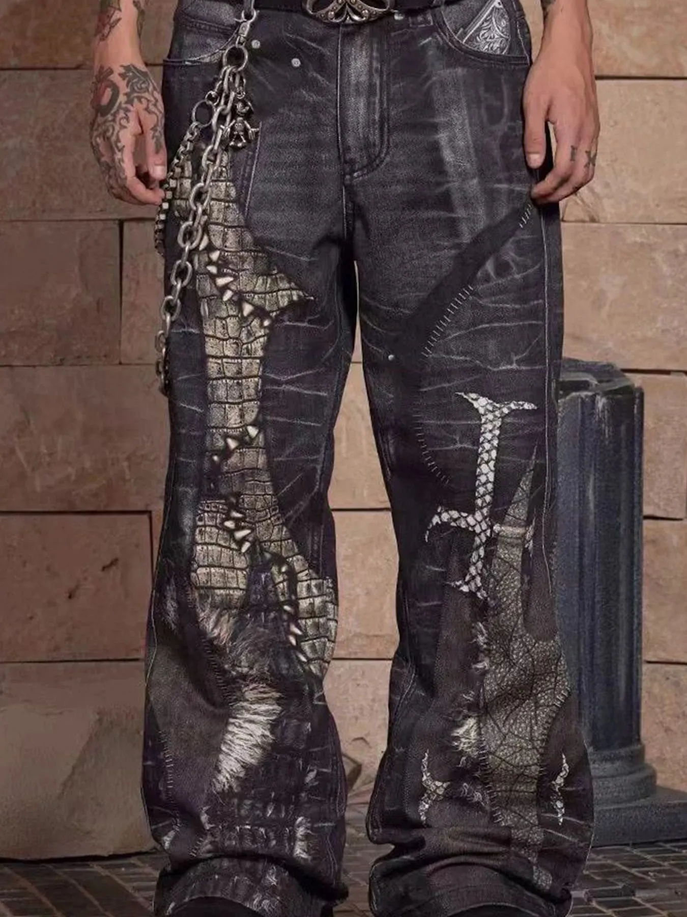 Men's Gothic Crocodile Snake Print Wide Leg Jeans Vintage Washed Denim Pants Streetwear Fashion Loose Straight Fit Trousers — image 7