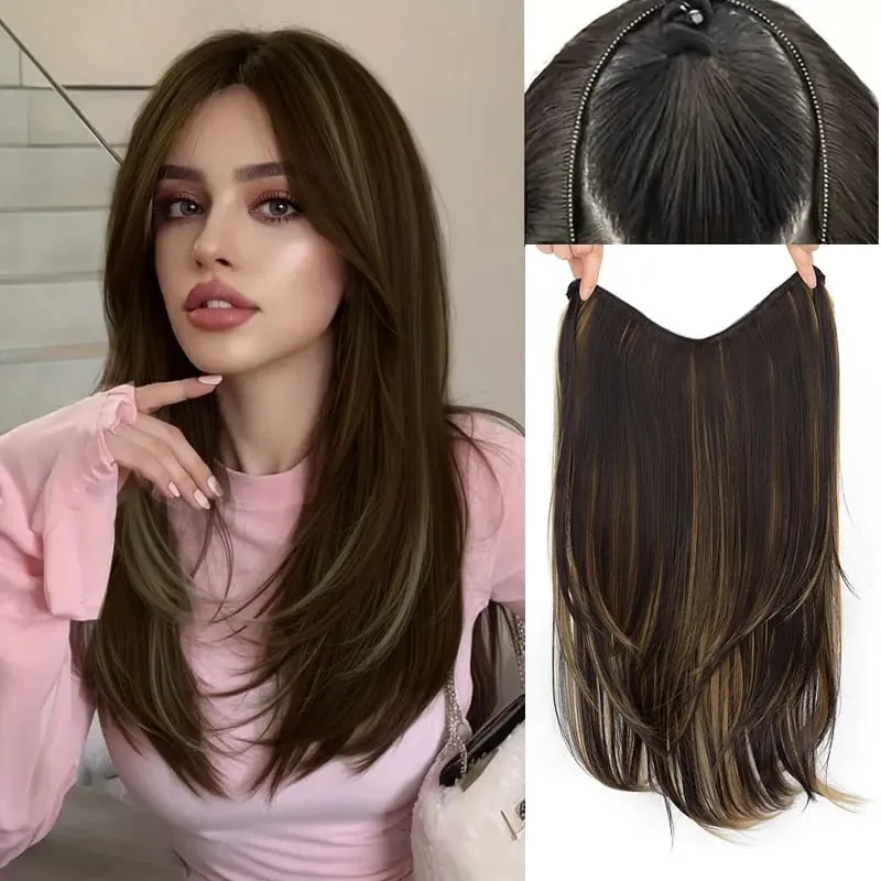 22Inch Synthetic V-Shaped Long Straight Layered Hair Extension Fluffy Increase Natural Invisible Hairpiece Wig for Women