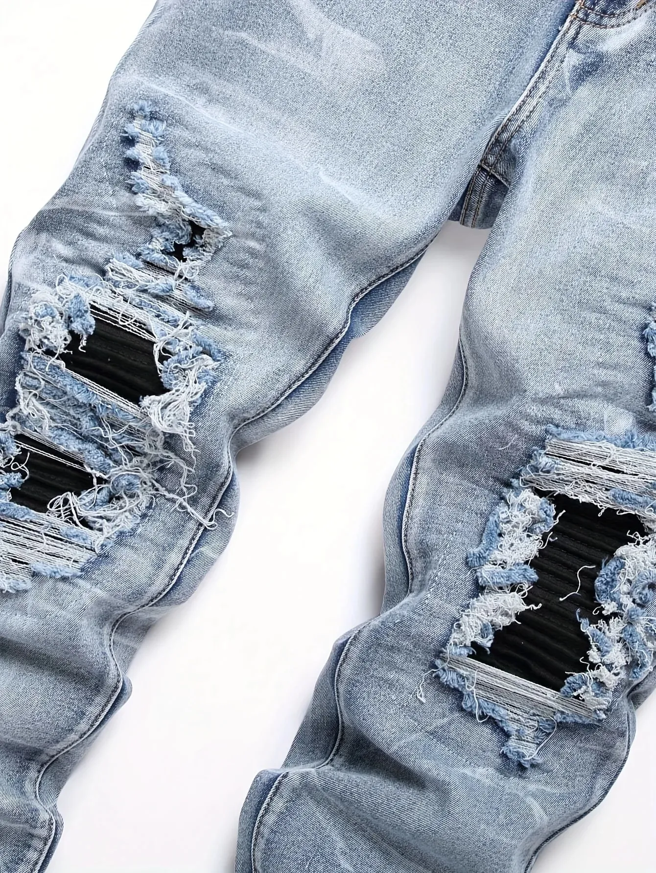 Men's Stretchy Denim Jeans Streetwear Tearing Patchwork Holes Ripped Denim Elastic Waist Casual Pants Slim Fit Straight Trousers — image 4