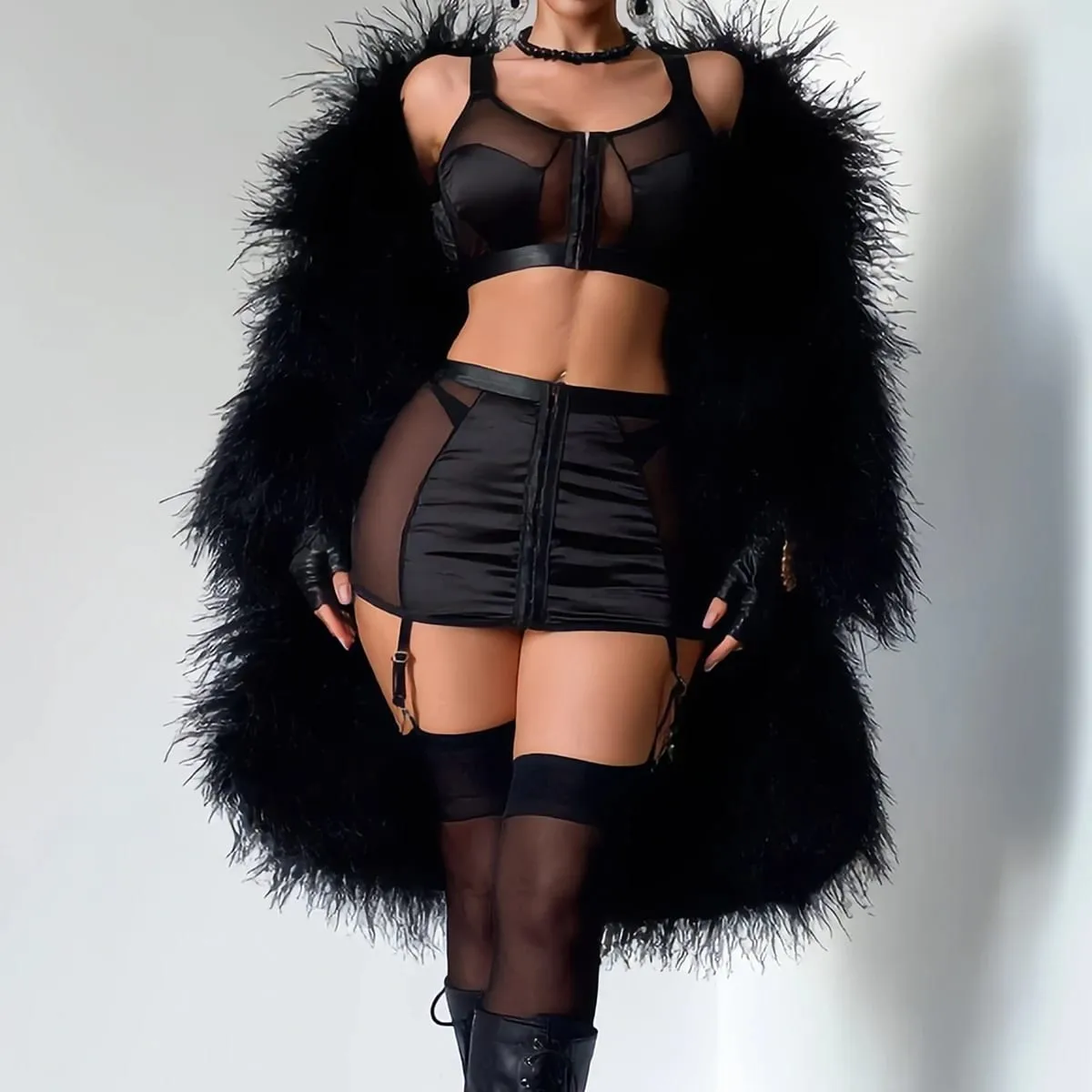 Diccvicc Black Satin Mesh Lingerie Set with Skirt Garter Belt Front Hook Crop Top Bra Lace Up Corset Back 3 Pieces Teddy Outfits — image 1