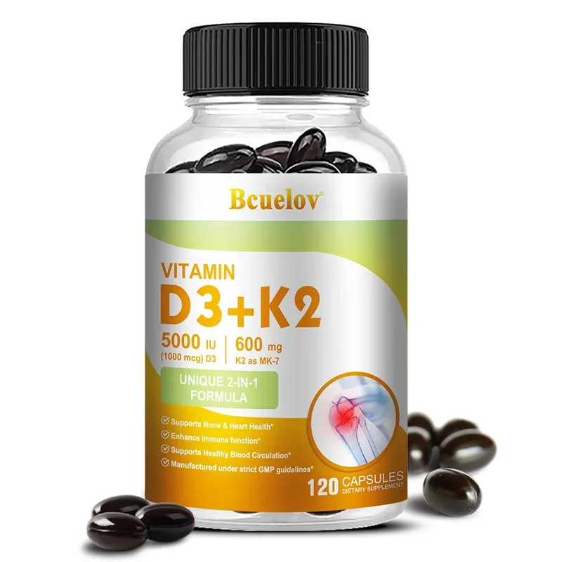 Bcuelov Vitamine D3+K2 5000 UI Formule de vitamine D3 sans OGM, complément alimentaire complexe de vitamines D et K facile à avaler