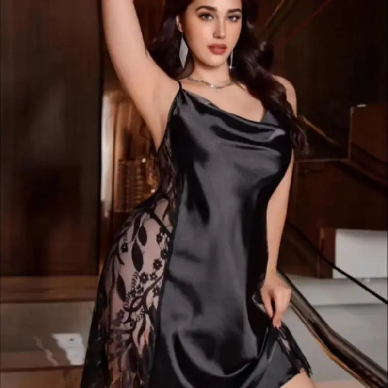 Women's Glossy Black Satin Nightgown Cowl Neck Thin Spaghetti Straps Side Leaf Lace Panel Plus Size Luxurious Home Short Sleep