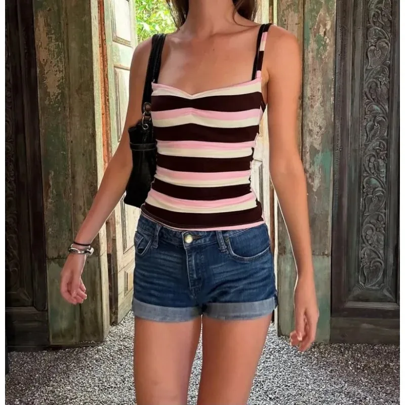 Color Block Stripe Twist Front Spaghetti Strap Cami Top Slim Fit Y2K Sweet Summer Sleeveless Tank Top — image 6