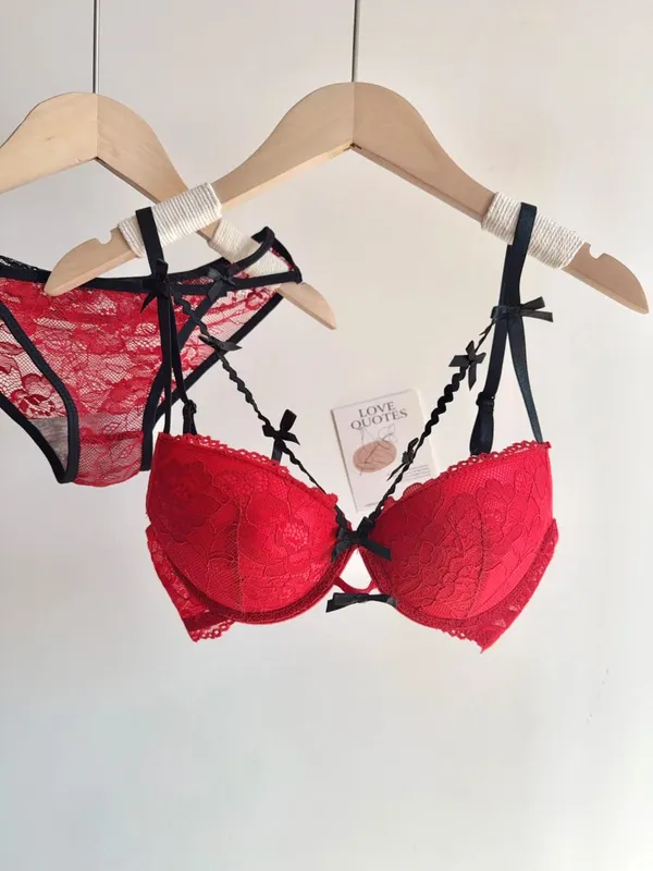 セクシーなWomen Wedding Red Lace Lingerie Set Bowknot Design Push Up Bra Small Bust Pure Style Party Intimate Underwear Suit 32-38AB — image 14