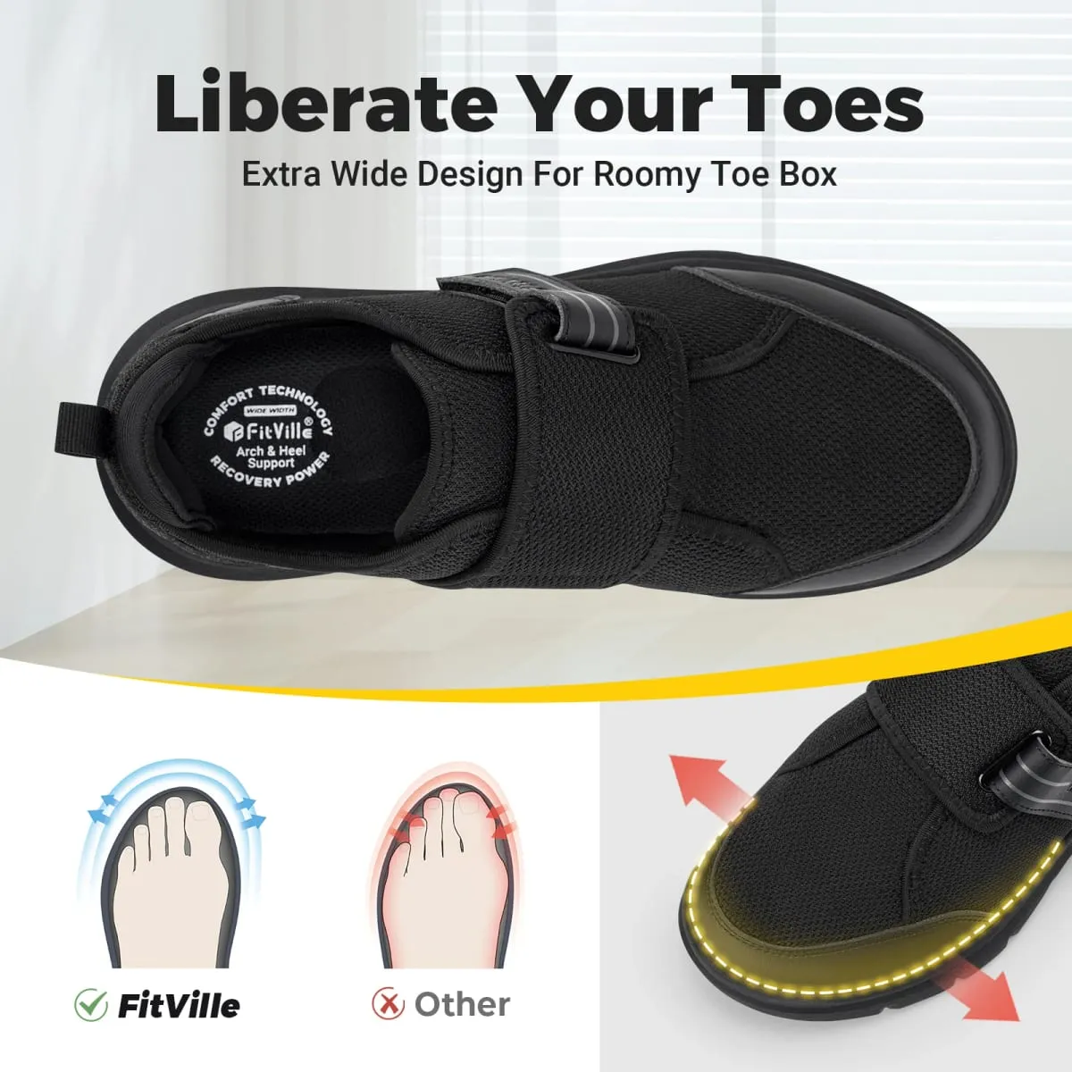 FitVille Diabetic Shoes for Men Extra Wide Hook and Loop Walking Shoes for Elderly for Swollen Feet Foot Pain Relief Neuropathy — image 3