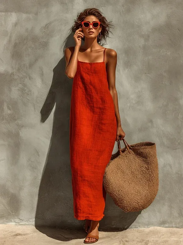 Summer Women Solid Color Casual Comfortable Slip Sundress Sand Beachwear Backless Sleeveless Loose Maxi Long Vacation Dresses
