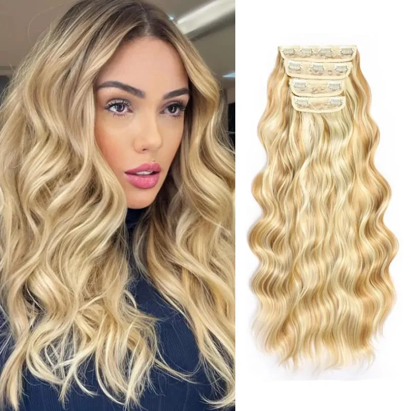 Clip in Hair Extensions 4PCS Synthetic Black Thick Hair Piece 24 Inches Long Wavy Clip in Extensions — image 7
