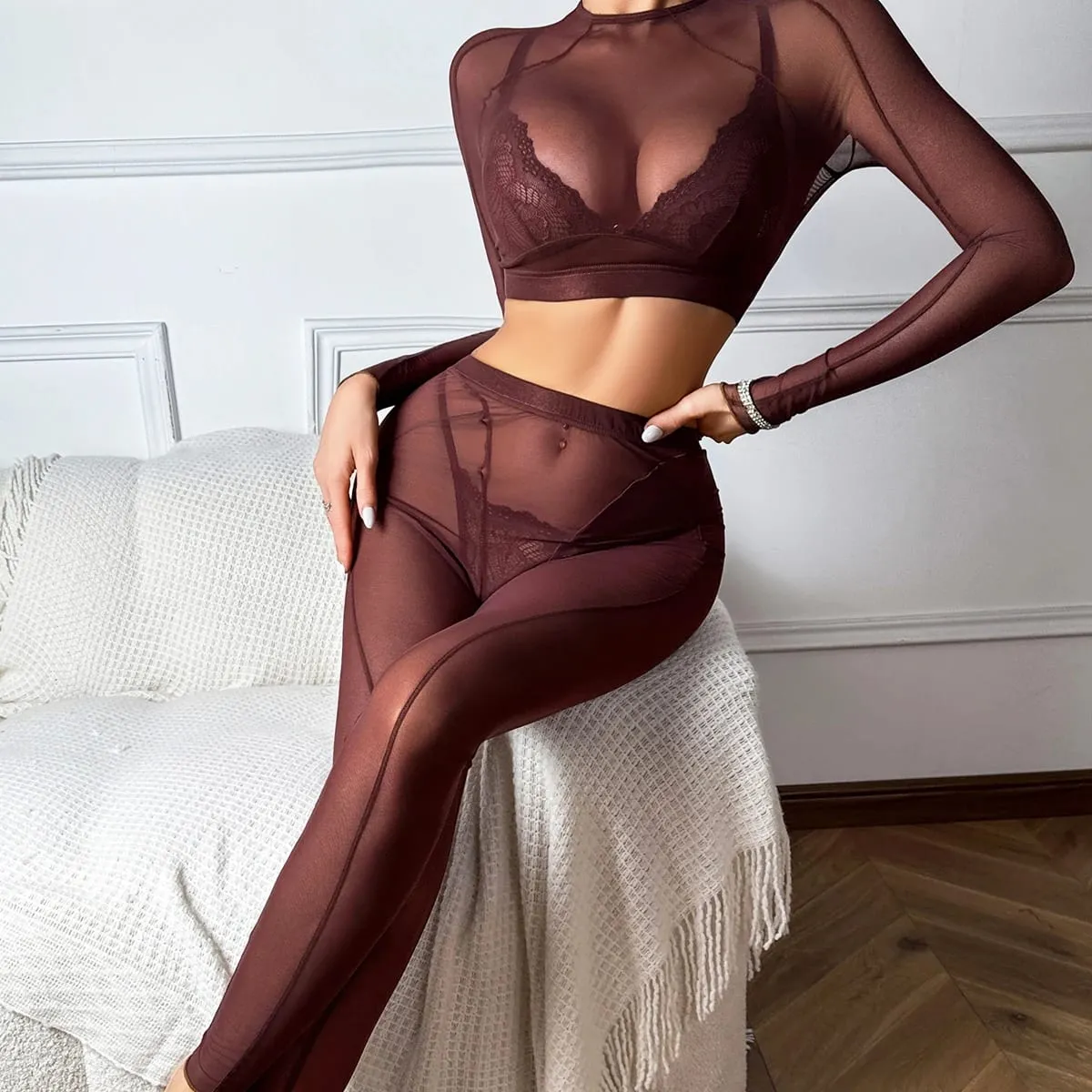 Comfortable backless long sleeved transparent mesh shaping sexy lace triangle cup lingerie split set — image 6
