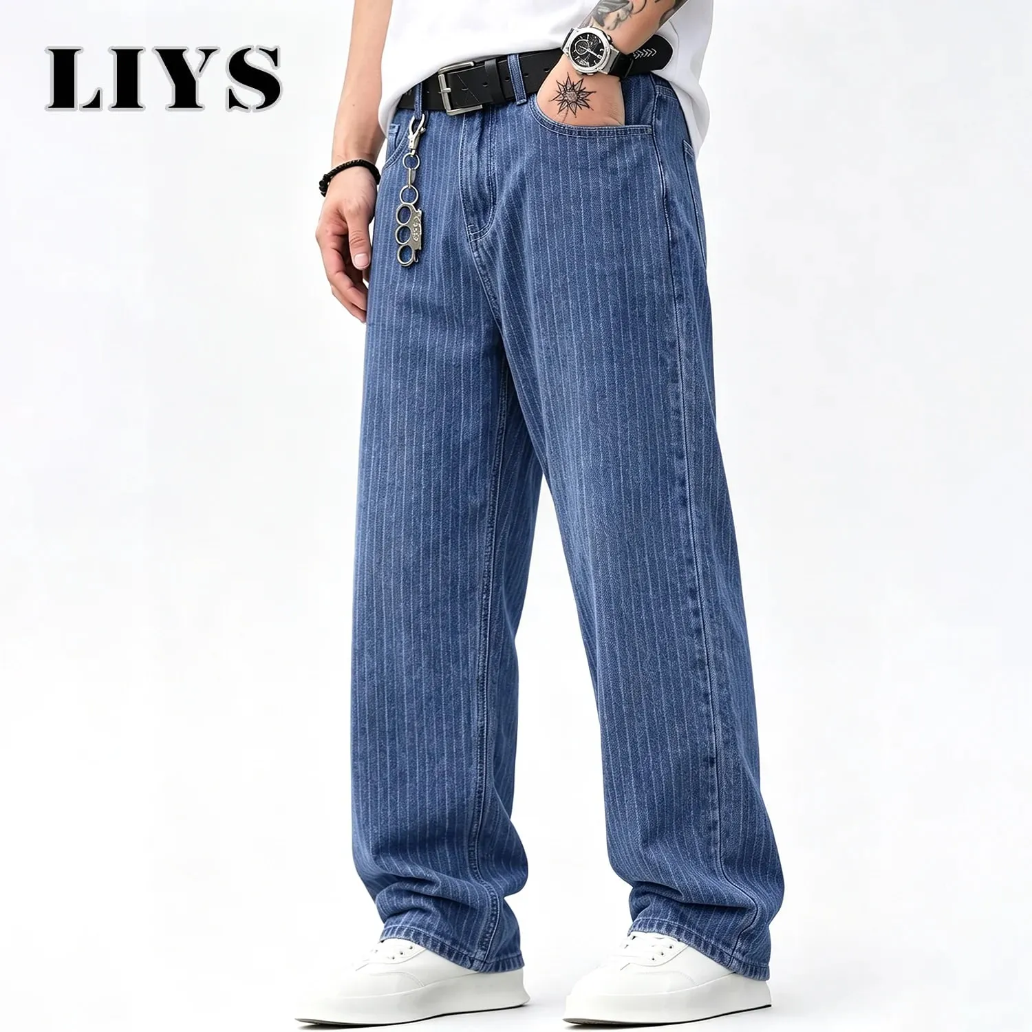 Men Vertical Thin Stripe Jacquard Baggy Denim Pants Classic Blue Loose Wide Leg Straight Leg Vintage Washed Jeans — image 4