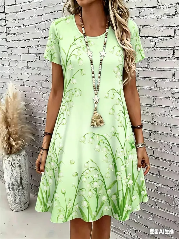 Short Sleeve Floral Pattern Women Mini Dresses Summer 3D Flower Printed Ladies Street Dress 3XL Plus Size Loose Casual Dress