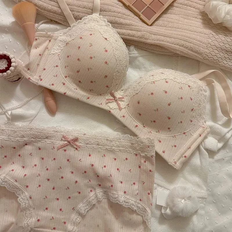 Sexy Lace Floral Bra Set Comfortable Non-steel Ring Beauty Back Small Breasts Gathered Up Support Anti-sagging Teenage Bra Set — image 1
