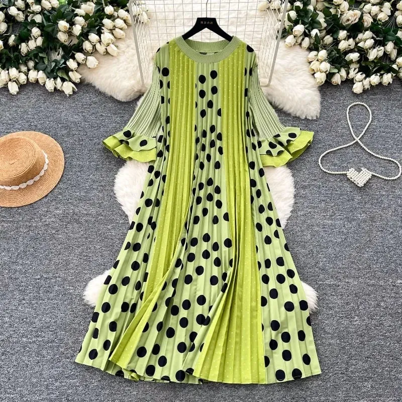 Miyake Pleated Polka Dot Dresses 2026 Summer Flared Sleeves Round Neck Fashion Pleated Long Dress Women Draped Elastic Clothing — image 3