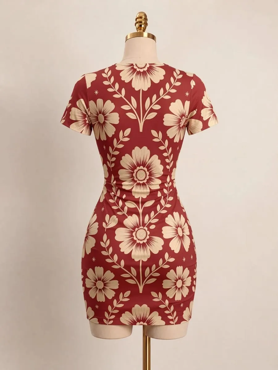 Womens Short Sleeve Bodycon Mini Dress Slim Fit Crew Neck Floral Print Casual Summer Party Cute Modern Holiday Vacation Sundress — image 3