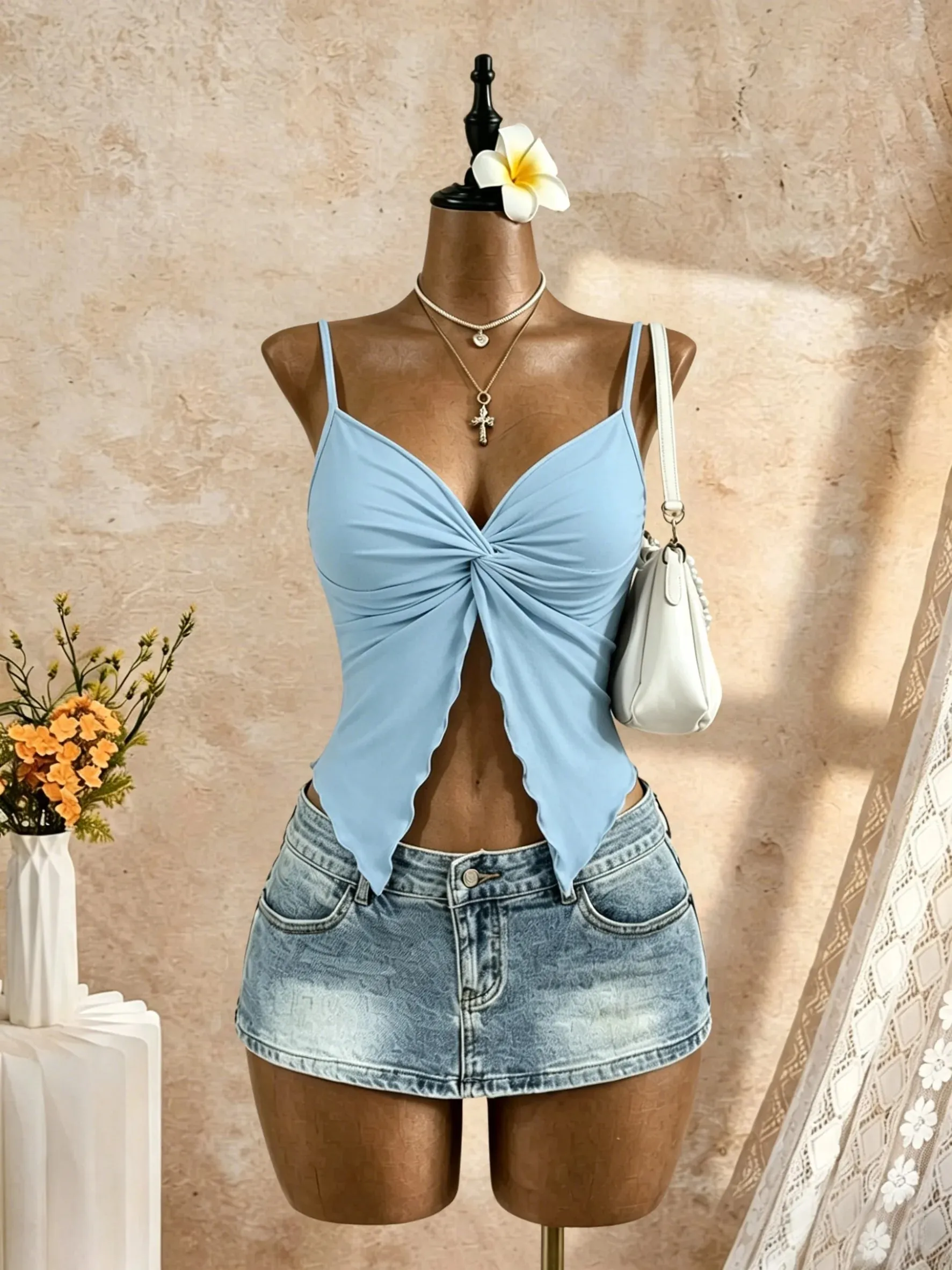 Women Spaghetti Strap V Neck Twist Front Cut Out Ruffle Irregular Hem Slim Fit Crop Cami Top 2026 Summer Y2K Solid White Sleevel