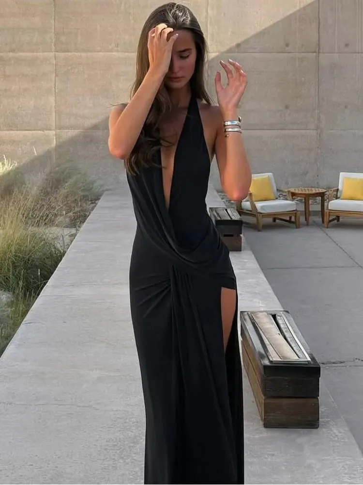 Cutenew Party Simple ผู้หญิงชุด Maxi Solid Trend Halter Cross แกว่งคอ Backless V คอสูงแยก Bodycon Mujer Vestidos