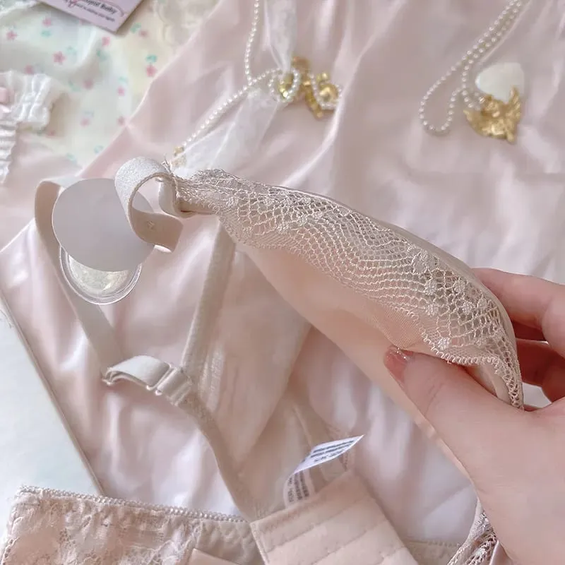 粉紅公主加厚小胸大內褲女聚攏莫代爾乳膠內衣內褲套裝蝴蝶結無鋼圈胸罩套裝