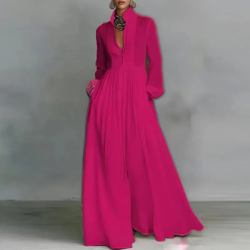 Francouzské elegantní swingové dlouhé šaty s vysokým pasem žena jarní plné kapsy plisované maxi šaty podzimní večerní šaty s dlouhým rukávem