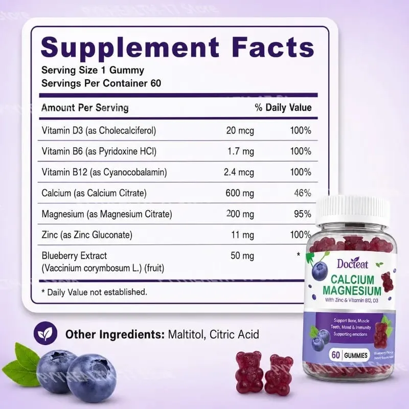 แคลเซียมแมกนีเซียม Gummies พร้อมสังกะสีและวิตามิน D3 B12 และ B6 สำหรับฟันกระดูก Mood & ภูมิคุ้มกัน 60 Gummies