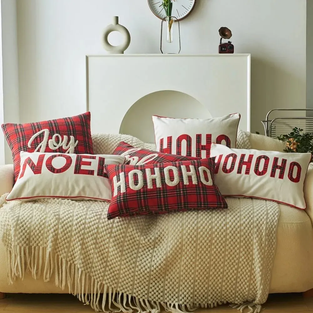 New Christmas Plaid Print Letter Embroidery Cushion Cover Decorative Throw Pillow Case for Sofa