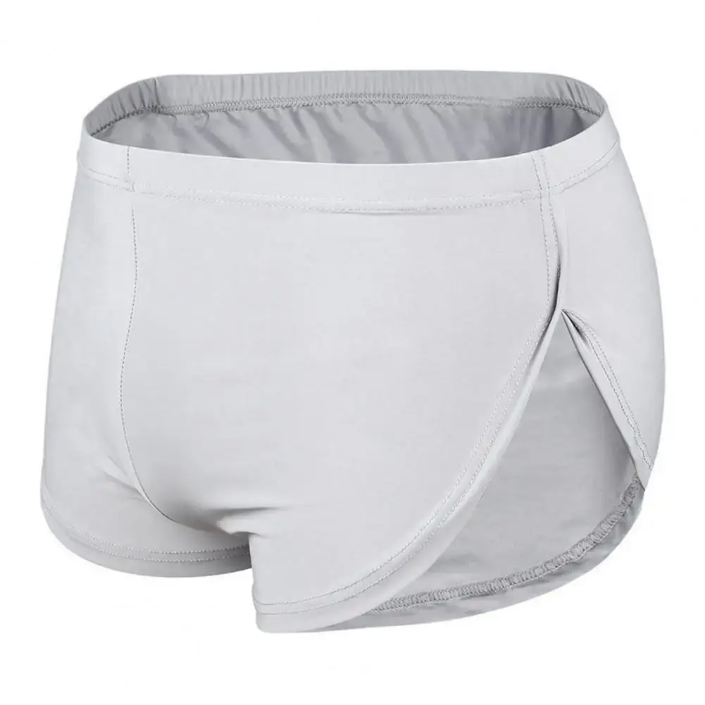 Men Solid Color Breathable Low-rise Shorts Panties Elastic Waist Side Split Ice Silk Lounge Shorts Underpants Sleepwear