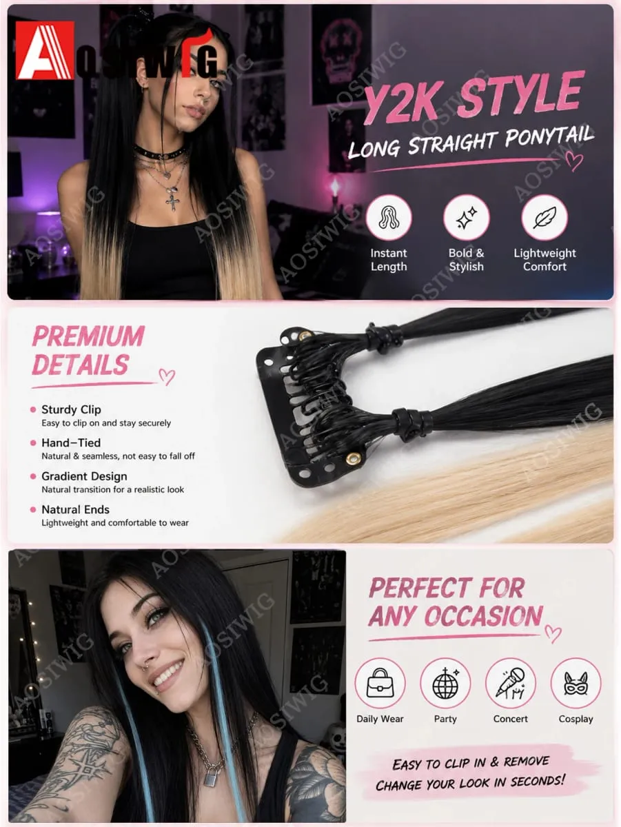 BB Clip Przedłużanie włosów Kolorowe pasemka z klipsami Syntetyczne proste treski dla kobiet Party Festival Codzienna styropian do włosów — image 7