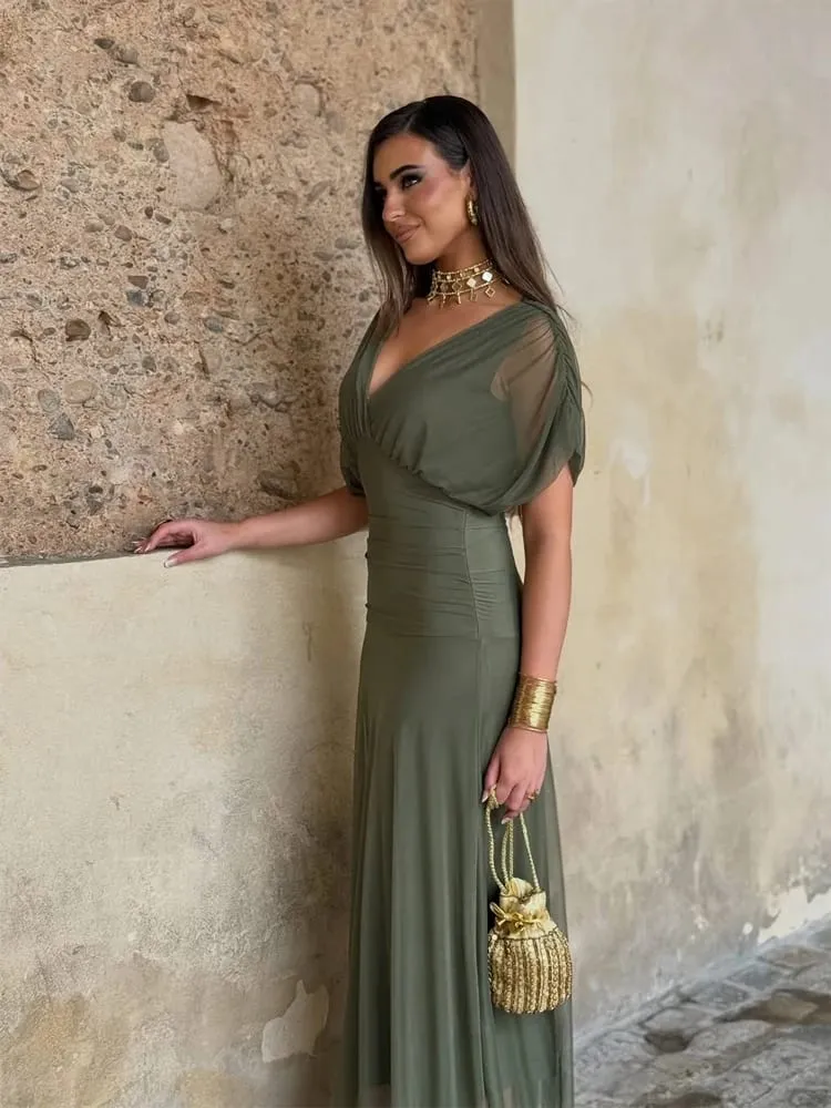 Women Solid Deep V-neck Mesh Long Dress Elegant Puff Short Sleeve Ruched Waist High Vestidos 2026 Summer Lady Casual Street Robe — image 2
