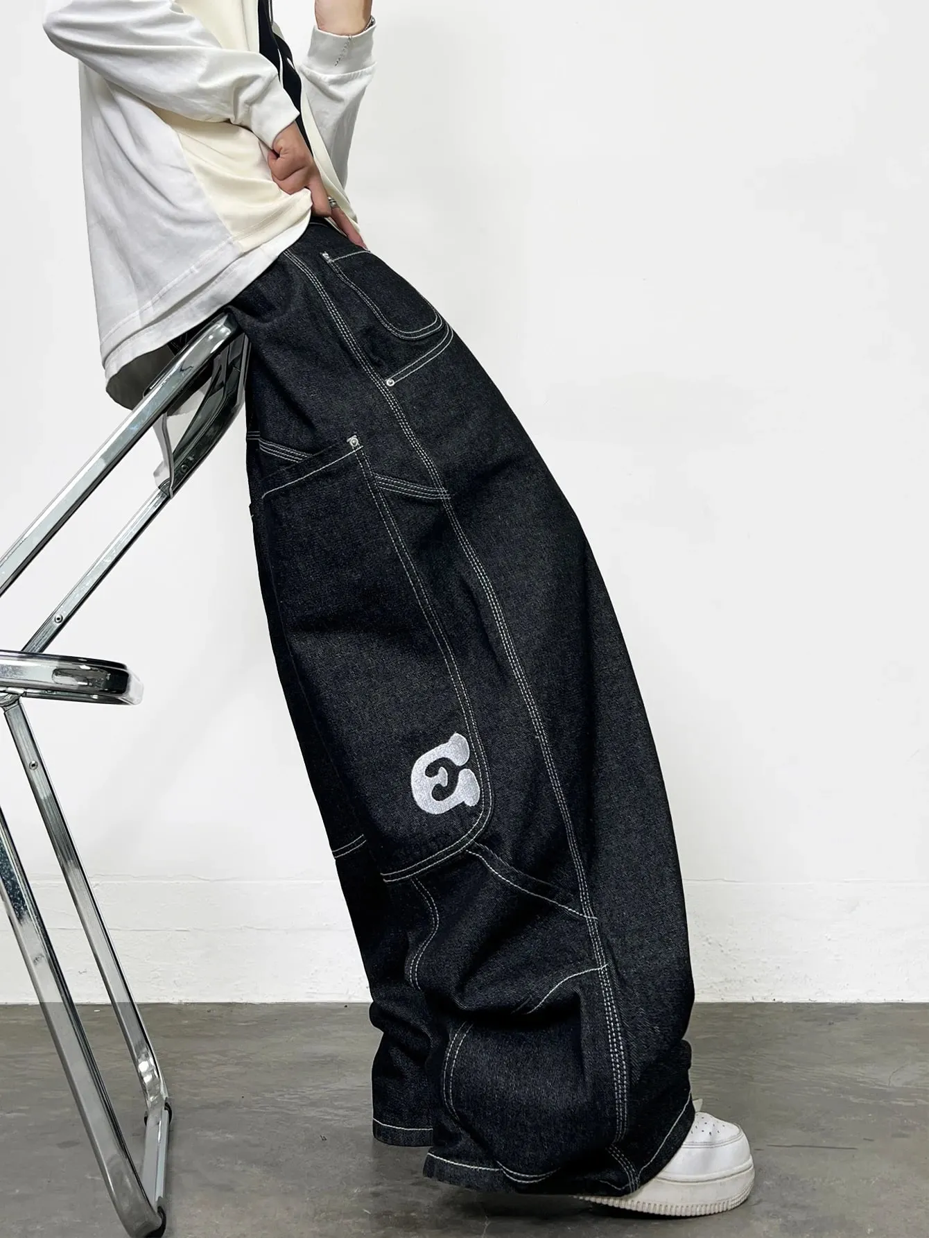 Men's Jeans Vintage Black Baggy Wide Jorts Trendy Y2K Streetwear Men's Denim Pants Men's Drop-Crotch Pants All Seasons
