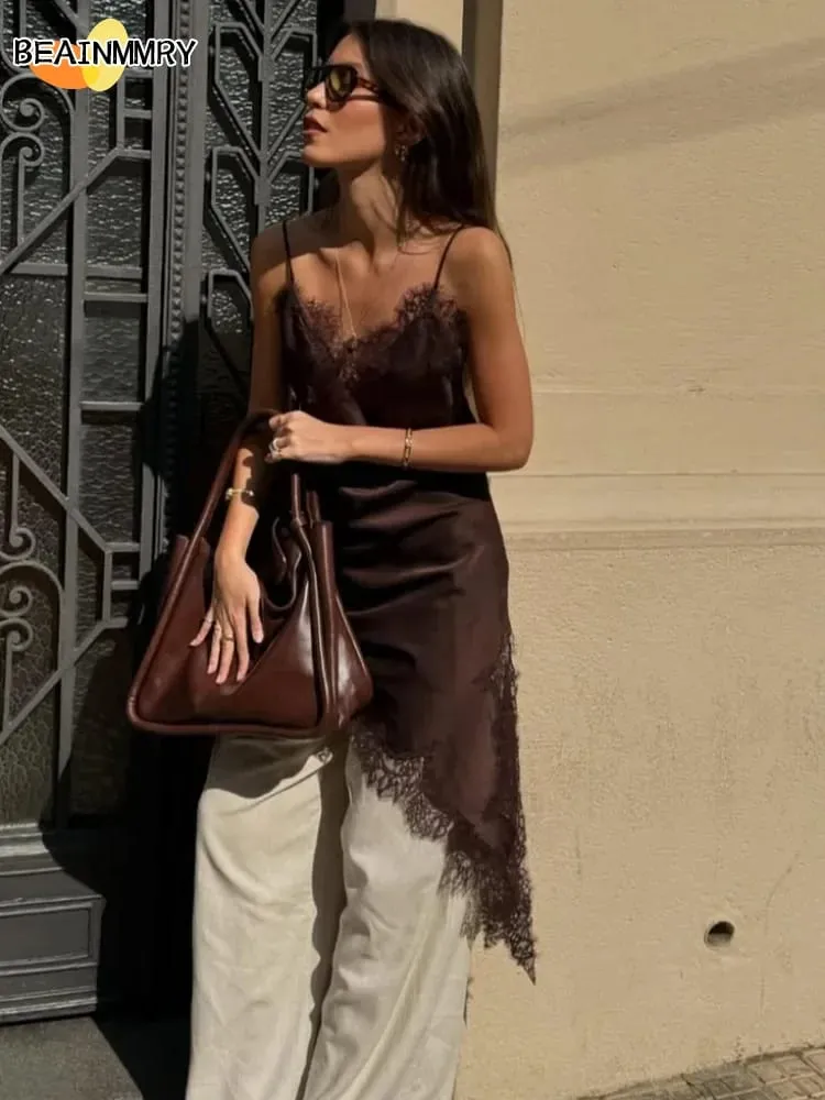 Brown Satin Lace Splicing Sling Dress Women Elegant Irregular Hem V Neck Backless Sleeveless Gown Chic Women Party Club Vestidos — image 2