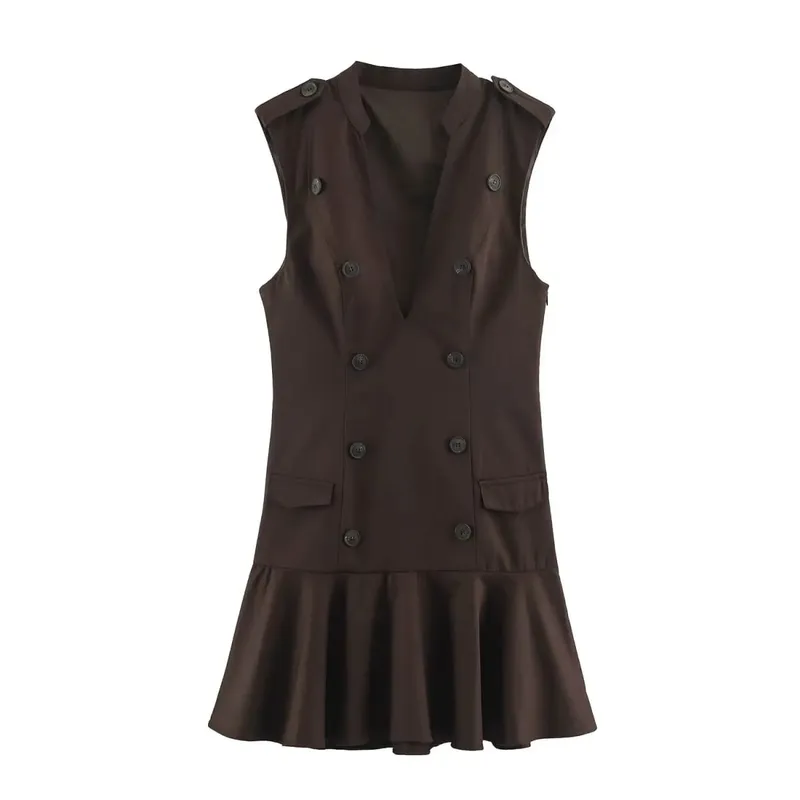 Chic Solid Fashion 2026 Women Mini Dress Autumn Holiday Zipper Ruffles Sleeveless Dresses Elegant Female Slim Vestidos