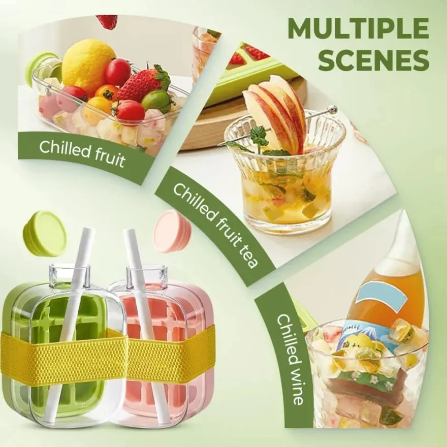 Ice Cube Bottle with Straw 2 In 1 Touch-Free Push-Type Ice Cube Making Bottle Easy Release Water Bottle Ice Mold